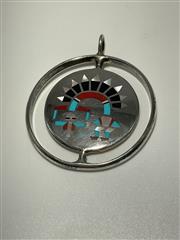 'F.L. Natachu' Zuni Inlay Turquoise Spinner Pendant 925 Silver 33.6g CJL049838